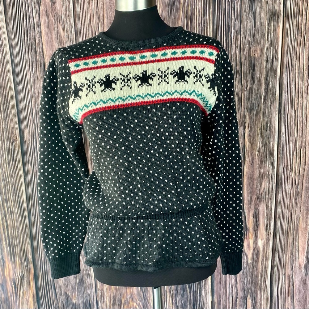VINTAGE 80's DUET Black White Dot Bird Knit Peplum Holiday Winter Sweater